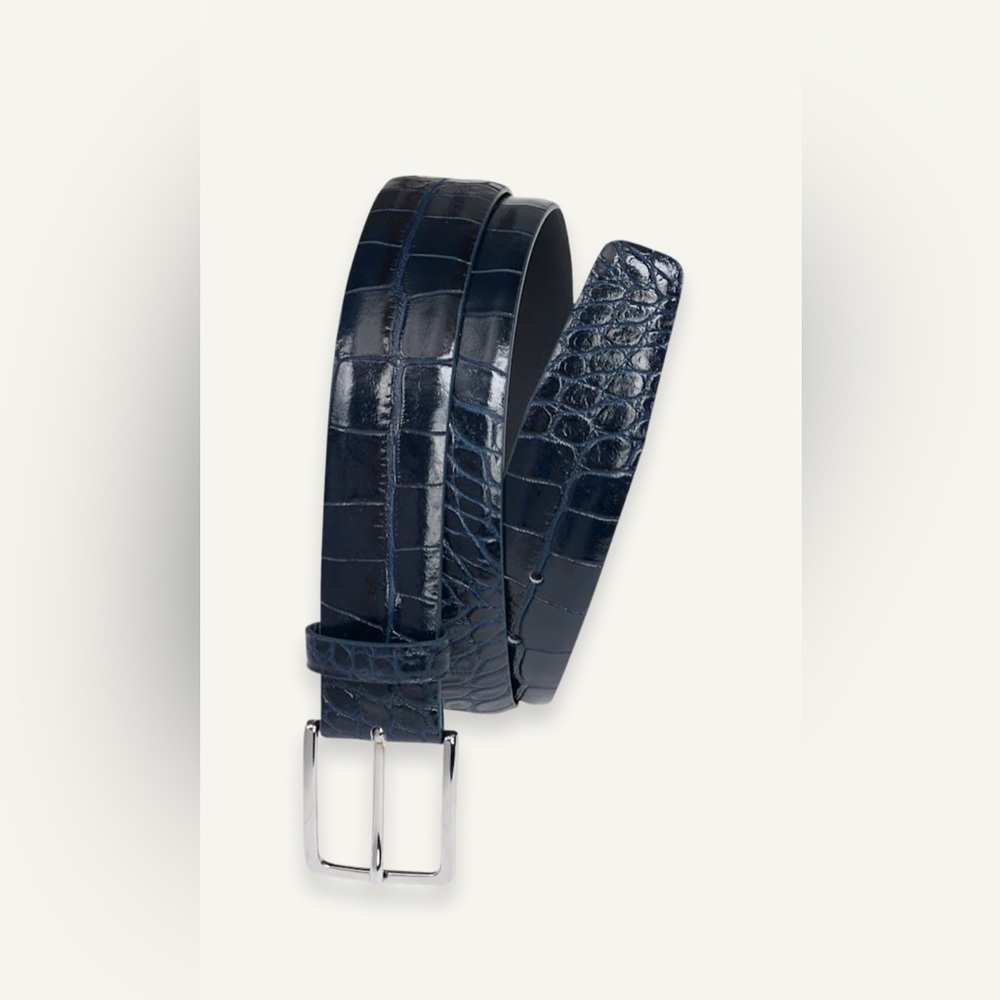 Paul Fredrick - Men’s Navy Leather Belt - Croc Embossed - Sz 38